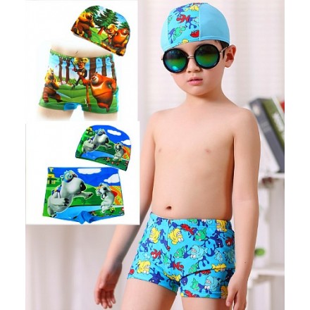 Boys Cartoon Swim Trunks and Cap set (2-4yrs, 5-7yrs, 8-10yrs)