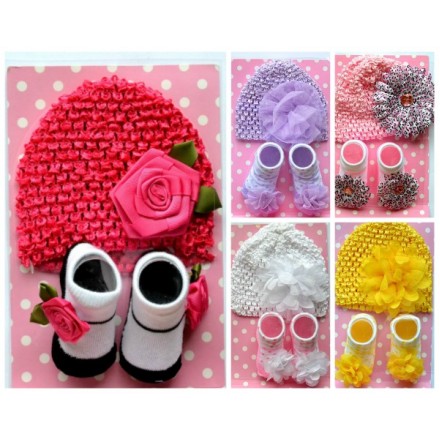 Baby Girls Flower Beanie Hat & Booties Set- assorted designs/colours