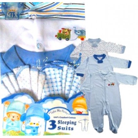 Bon Bebe "Take me Home"3pk Sleep Suits (Mix sizes 0-3mth, 3-6mths, 6-9mths) (Girl, Boy)